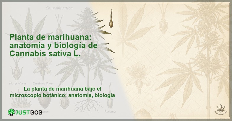 Lámina botánica antigua de Cannabis sativa con detalles de hojas, flores y semillas, banner del artículo de Justbob sobre la planta de marihuana