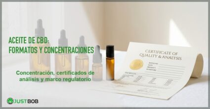 Varios frascos de aceite de CBD ambar en diferentes tamanos junto a un certificado de analisis