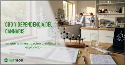 Laboratorio cientifico con un modelo molecular de CBD y articulos de investigacion sobre un escritorio moderno