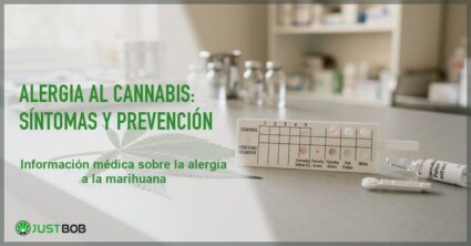 Tira reactiva de prueba de alergia al polen junto a hojas de cannabis sativa en una superficie de clinica medica