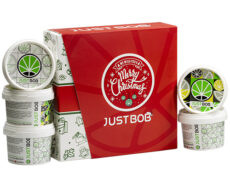 Caja de Justbob XMAS KIT abierta con varios contenedores de marihuana cbd, con marca navideña y diseño de hoja de cannabis, perfecta para regalos de Navidad