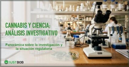 Laboratorio de investigacion cientifica con microscopio tubos de ensayo y muestra de cannabis sativa