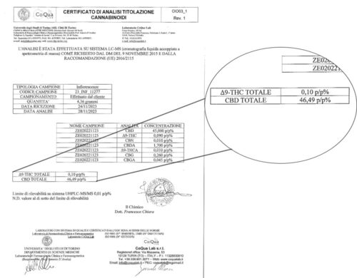 Imagen de un certificado de análisis de cannabinoides con énfasis en los resultados de THC y CBD, emitido por un laboratorio italiano acreditado