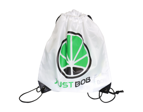 Mochila blanca con logo verde de JustBob para marihuana CBD