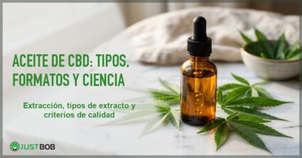Frasco cuentagotas de aceite de CBD ambar con hojas de canamo sobre una superficie de marmol blanco