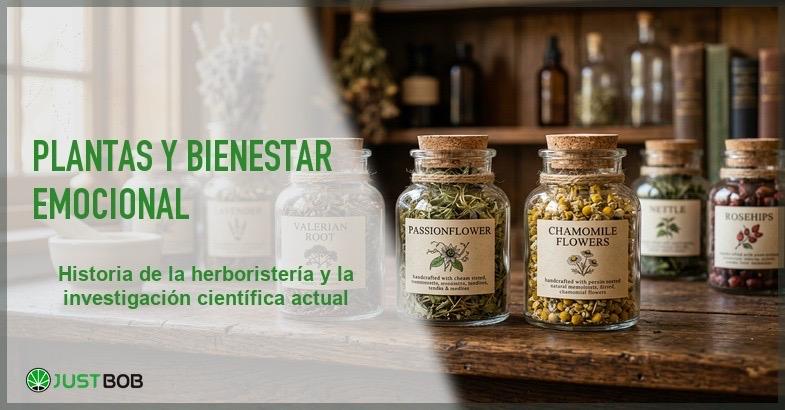 Hierbas secas de hiperico y raiz de valeriana en un ambiente de herboristeria tradicional con frascos de vidrio