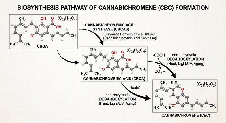 Esquema de la biosíntesis del cannabicromeno CBC desde el ácido cannabigerólico CBGA en la planta de cannabis sativa