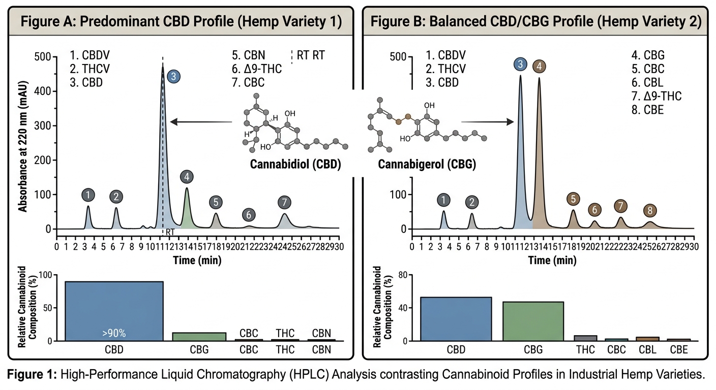cannabis-alto-thc-vs-canamo-industrial-cbd Comparación visual entre el cáñamo industrial legal con THC inferior al 0,2% y el cannabis ilegal con THC elevado, variedades con perfiles químicos muy distintos