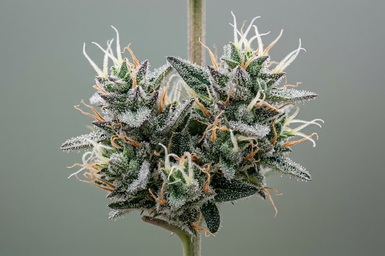 Macrofotografia botanica de un cogollo de cannabis sativa industrial CBD con pistilos blancos y tricomas glandulares cristalinos visibles en detalle