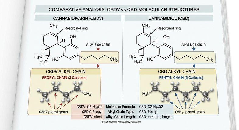 comparativa-cbdv-cbd-cadena-alquilica Comparativa estructural entre CBDV cannabidivarina y CBD cannabidiol con la diferencia de la cadena alquílica