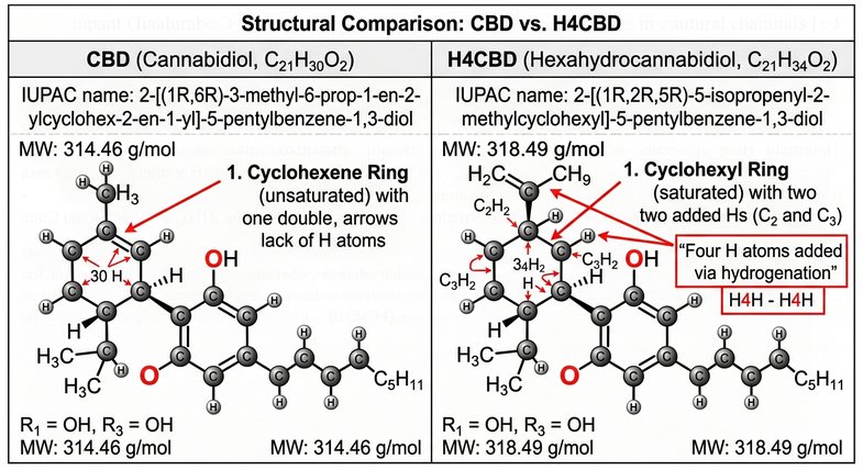comparativa-h4cbd-cbd-estructura-molecular Comparación entre h4cbd cannabidiol hidrogenado y CBD natural, dos moléculas relacionadas pero estructuralmente distintas