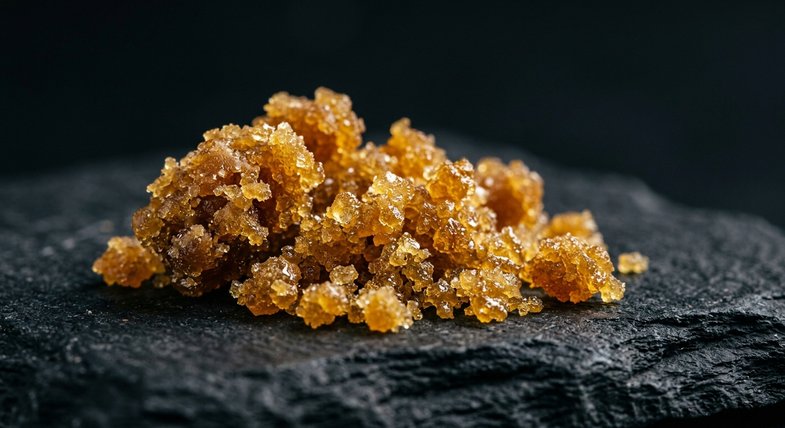 Crumble CBD de textura quebradiza y color ámbar dorado sobre superficie oscura para catálogo de concentrados