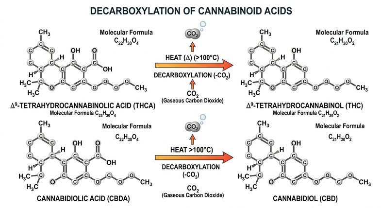 estructura-cannabinoides-acidos-descarboxilacion Estructura química de los cannabinoides ácidos y la descarboxilación documentada en la literatura científica del cáñamo