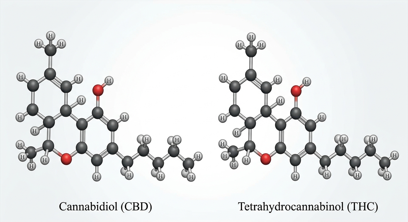 Representación molecular del cannabidiol y el tetrahidrocannabinol con sus diferencias estructurales documentadas en la literatura científica