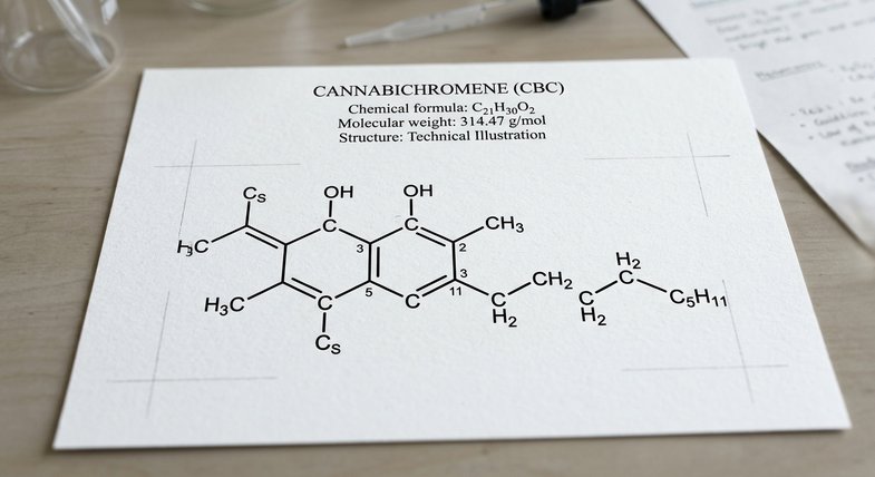 Representación química del cannabicromeno CBC, fitocannabinoide derivado del cáñamo industrial Cannabis sativa L.