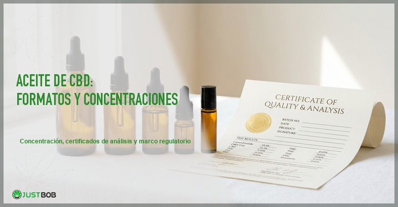 Varios frascos de aceite de CBD ambar en diferentes tamanos junto a un certificado de analisis