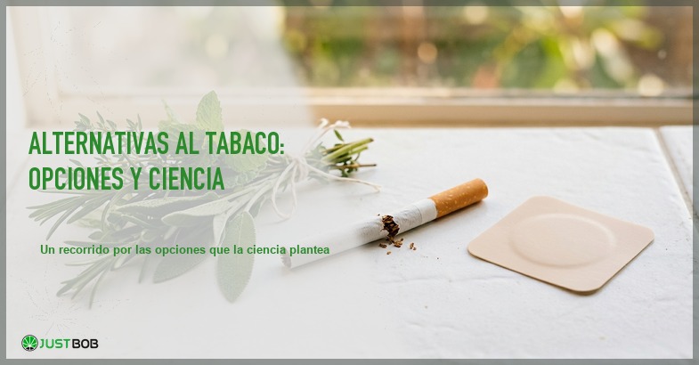 Cigarrillo roto junto a hierbas frescas y un parche de nicotina sobre una superficie blanca limpia