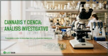 Laboratorio de investigacion cientifica con microscopio tubos de ensayo y muestra de cannabis sativa