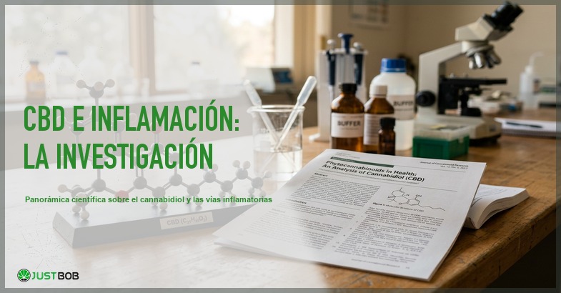 Modelo de estructura molecular de CBD junto a un articulo de revista cientifica sobre un escritorio de laboratorio