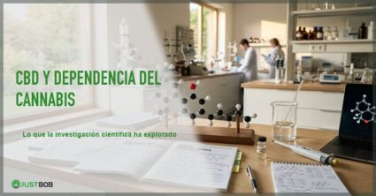 Laboratorio cientifico con un modelo molecular de CBD y articulos de investigacion sobre un escritorio moderno