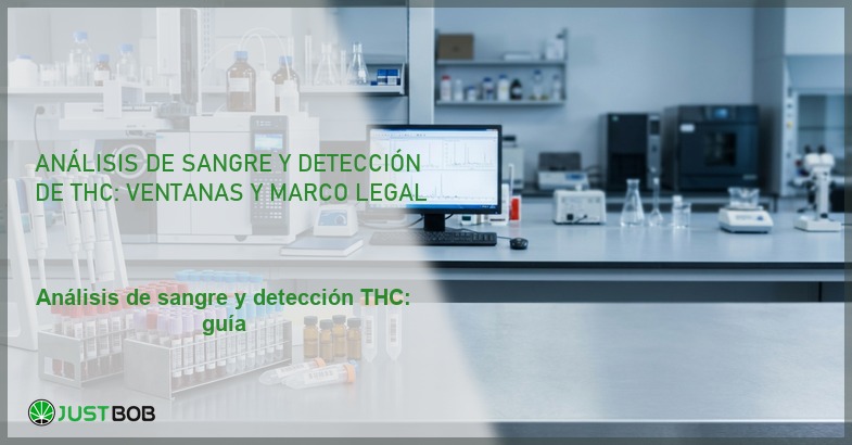 Laboratorio forense con tubos de muestra y cromatógrafo, banner del artículo de Justbob sobre análisis de sangre y detección de THC