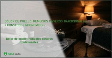 Escritorio ergonómico con monitor doble y silla de oficina junto a ventana, banner del artículo de Justbob sobre dolor de cuello y remedios caseros