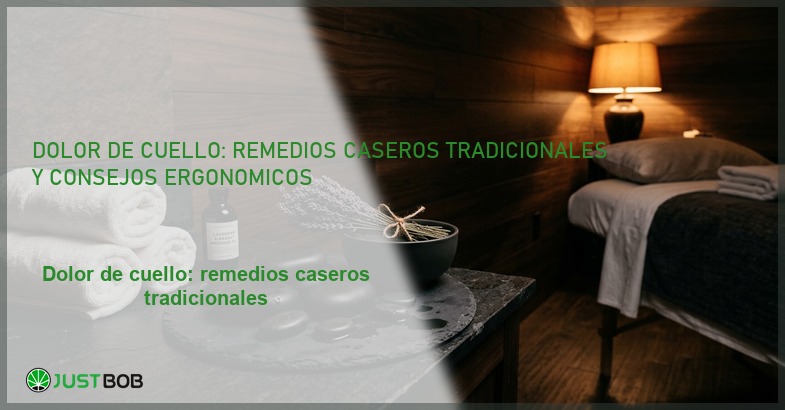 Escritorio ergonómico con monitor doble y silla de oficina junto a ventana, banner del artículo de Justbob sobre dolor de cuello y remedios caseros