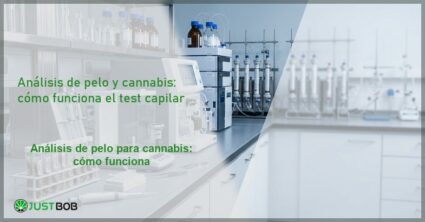 Laboratorio de toxicología forense con espectrómetro y equipos analíticos, banner del artículo de Justbob sobre el test capilar para detectar cannabis