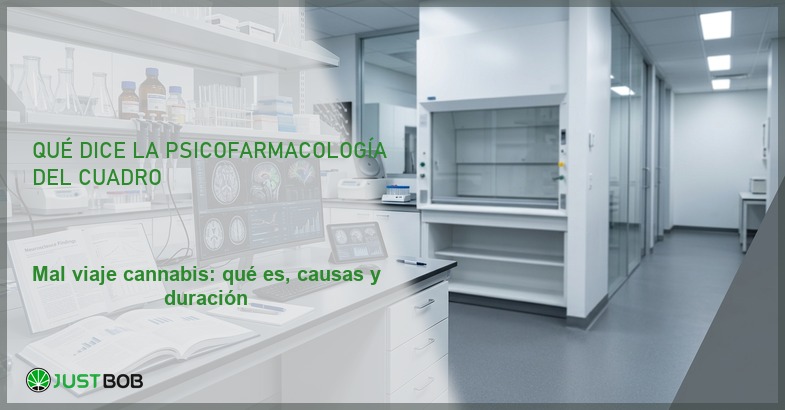 Laboratorio de neurociencia con monitores de escáneres cerebrales y publicaciones científicas, banner del artículo de Justbob sobre mal viaje cannabis