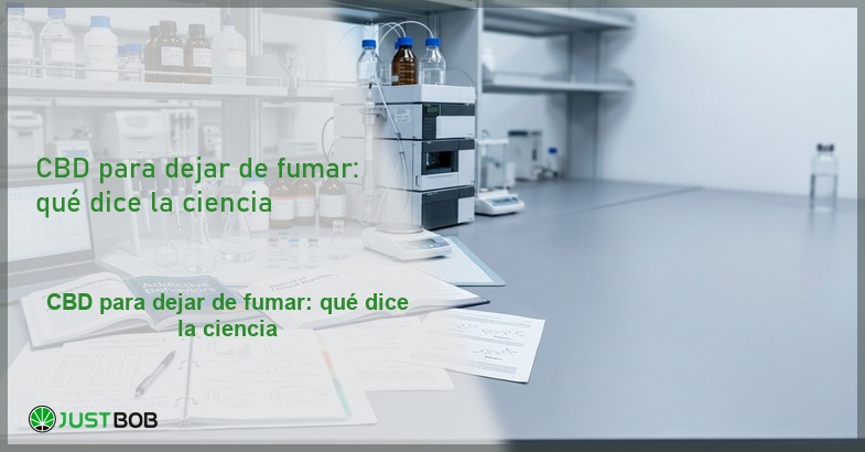 Laboratorio de farmacología con HPLC, viales y revistas científicas sobre adicción, banner del artículo de Justbob sobre CBD para dejar de fumar