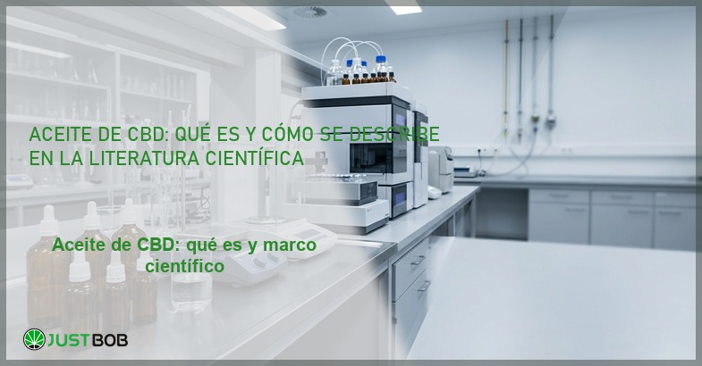 Laboratorio analítico con frascos cuentagotas ámbar, HPLC y balanza analítica, banner del artículo de Justbob sobre el aceite de CBD