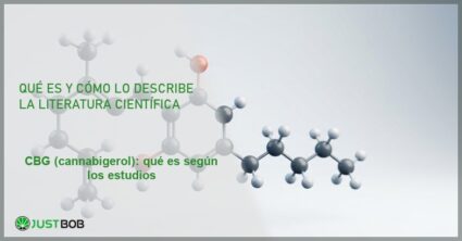 Modelo 3D de la molécula de CBG con átomos de carbono e hidrógeno, banner del artículo de Justbob sobre cannabigerol