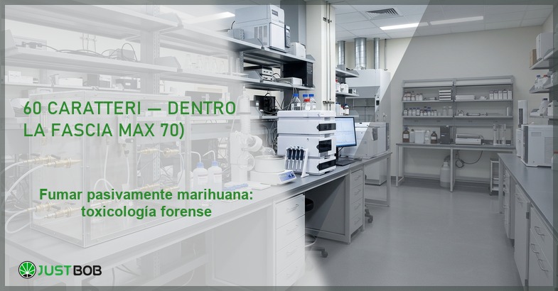 Laboratorio analítico con equipos de cromatografía, banner del artículo de Justbob sobre exposición pasiva al humo