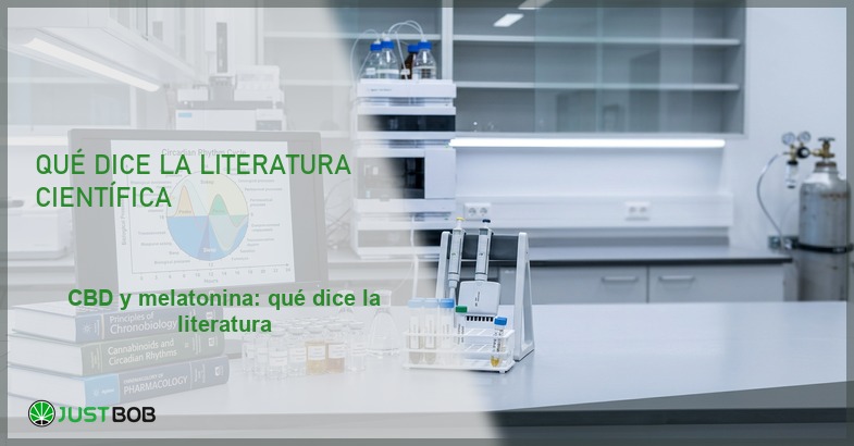 Laboratorio con monitor del ciclo circadiano y libros, banner del artículo de Justbob sobre CBD y melatonina