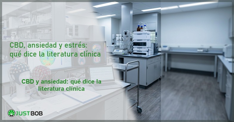 Laboratorio con cascos EEG y mapas cerebrales, banner del artículo de Justbob sobre CBD, ansiedad y estrés