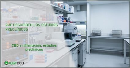 Laboratorio biomédico con incubadoras de cultivo celular, banner del artículo de Justbob sobre CBD e inflamación