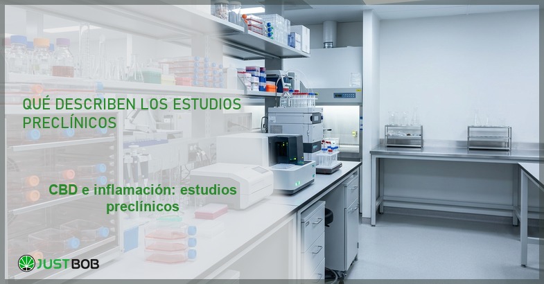 Laboratorio biomédico con incubadoras de cultivo celular, banner del artículo de Justbob sobre CBD e inflamación