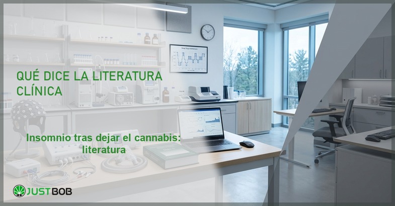 Laboratorio del sueño con casco EEG y CPAP, banner del artículo de Justbob sobre insomnio tras dejar el cannabis