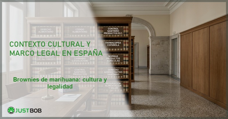 Biblioteca jurídica con tomos de derecho alimentario, banner del artículo de Justbob sobre brownies de marihuana