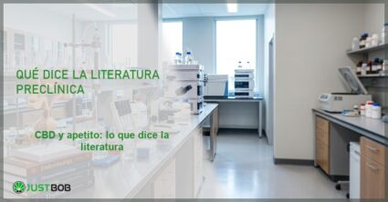 Laboratorio de endocrinología con modelo anatómico, banner del artículo de Justbob sobre CBD y apetito