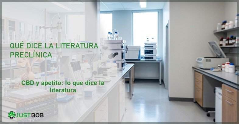 Laboratorio de endocrinología con modelo anatómico, banner del artículo de Justbob sobre CBD y apetito