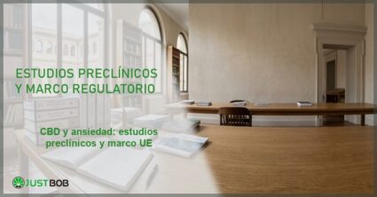 Biblioteca regulatoria con archivadores EMA y documentos, banner del artículo de Justbob sobre CBD y ansiedad