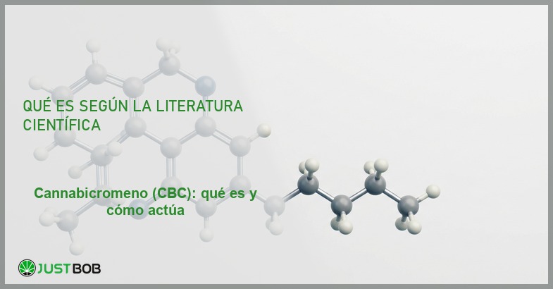 Modelo molecular 3D de la estructura química del cannabicromeno, banner del artículo de Justbob sobre CBC