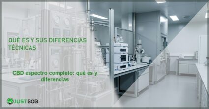 Planta industrial de extracción con cromatógrafos, banner del artículo de Justbob sobre CBD espectro completo