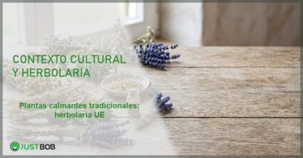 Manojos de manzanilla, lavanda y menta sobre mesa rústica, banner del artículo de Justbob sobre plantas calmantes