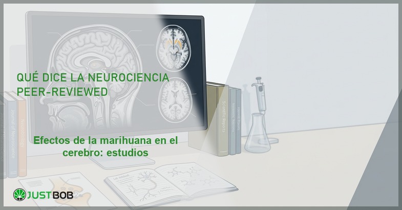 Pantalla con resonancia magnética cerebral y libros, banner del artículo de Justbob sobre marihuana y cerebro