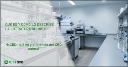 Laboratorio de química con modelos moleculares coloreados y cromatógrafo, banner del artículo de Justbob sobre H4CBD