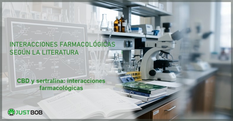 Pantalla con diagrama del citocromo P450 en laboratorio, banner del artículo de Justbob sobre CBD y sertralina