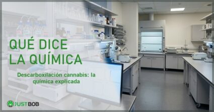 Laboratorio analítico con cromatógrafo HPLC, banner del artículo de Justbob sobre descarboxilación del cannabis