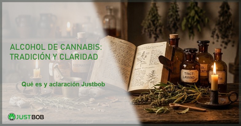 Banner del articulo sobre alcohol de cannabis con bodegon vintage de herbolaria decimononica titulo Alcohol de cannabis tradicion y claridad y logo Justbob